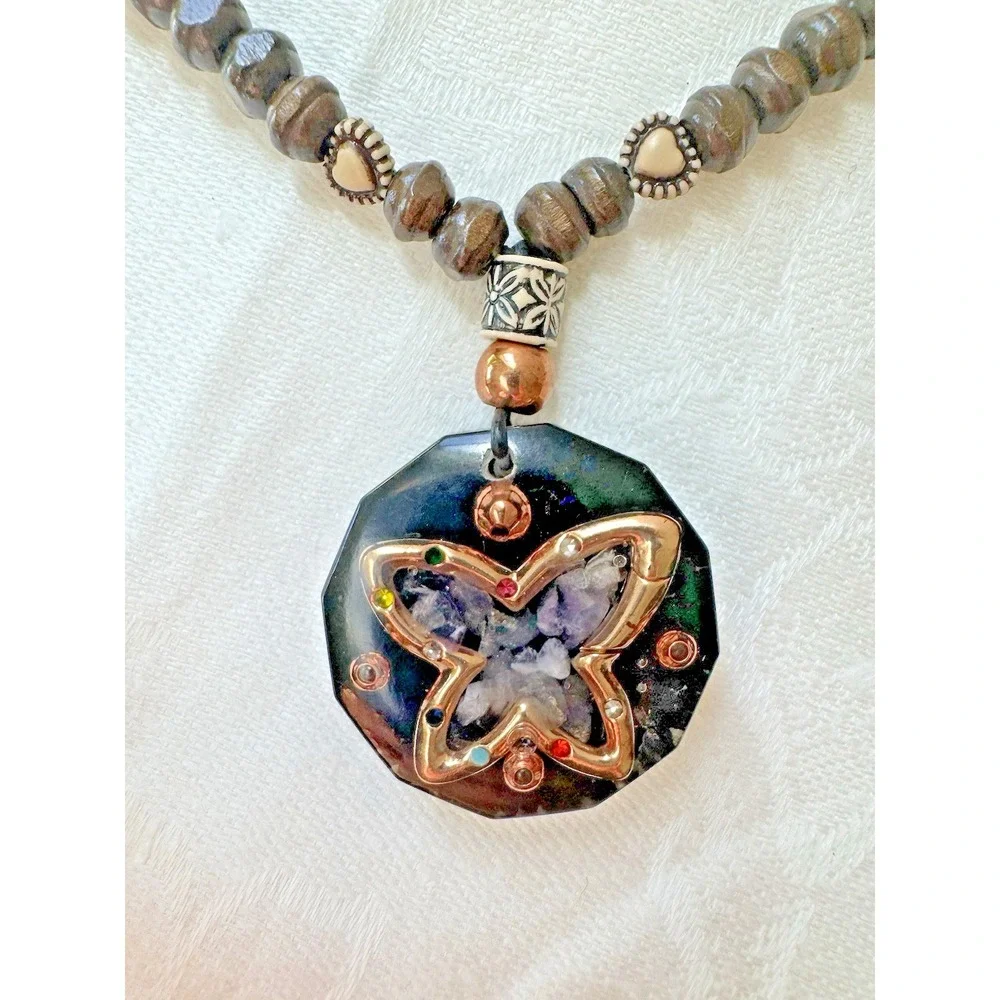 Round Orgonite Amethyst Necklace Artisan Handamade Butterfly EMF Protection